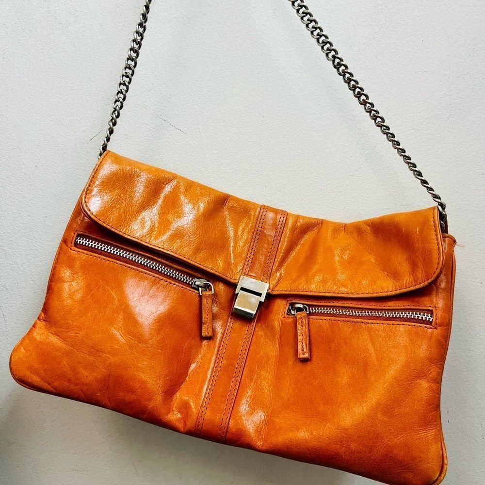 IRIS TYLER Elegant Tan Leather Shoulder Bag; measurements: 12x7 & 24 “ chain